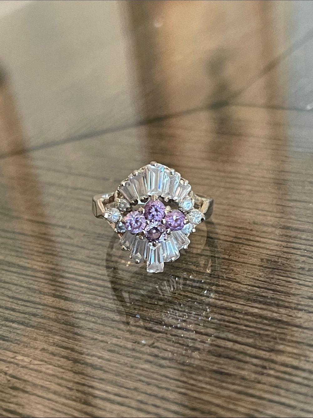 Vintage Style 925 Sterling Silver Amethyst & CZ Baguette Statement Ring Size 6